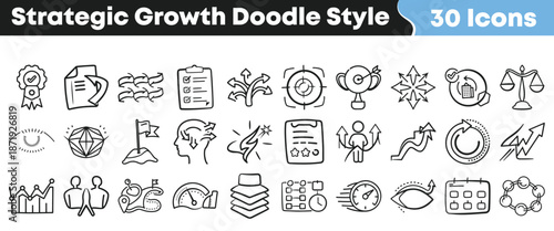 Collection of thirty strategic growth doodle style icons representing business planning analysis success and organizational development concepts