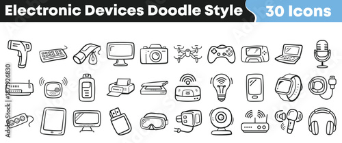 Collection of thirty hand drawn doodle style electronic device icons featuring various modern technology and gadgets for digital media projects.
