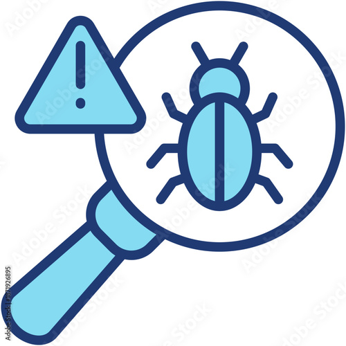 Malware Detection Blue Lineal Icon – Bug Scan Magnifier with Warning, Security Threat Symbol for UI
