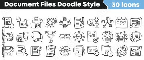 Collection of thirty hand drawn doodle style icons representing various document file management concepts and business processes