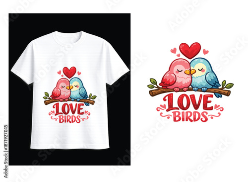 Adorable cartoon love birds t-shirt design for valentine's day or romantic apparel