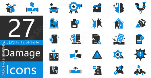 Warning, Damage, and Destruction Icons Set for Safety and Risk