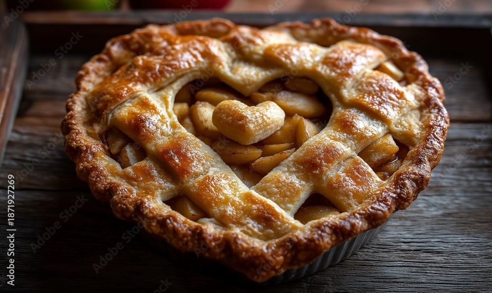 Fototapeta premium Top view of baked apple pie with love heart pastry 