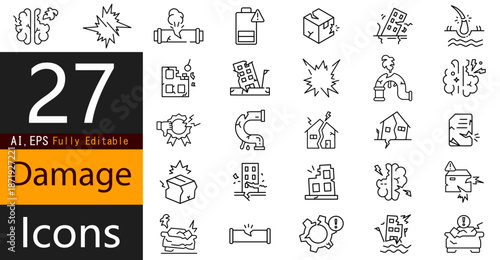 Warning, Damage, and Destruction Icons Set for Safety and Risk