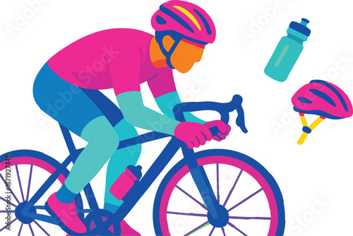 Cyclist in motion with helmet and water bottles Keywords: cycling, bicycle, cyclist, racing