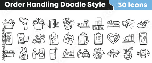 Collection of thirty hand drawn doodle style icons representing various aspects of modern grocery order handling and delivery processes