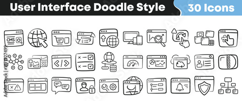 Collection of thirty hand drawn user interface icons representing various web development concepts in a distinct doodle style