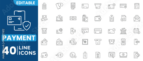 Online payment set of line icons. Payment linear icon collection containing cashless wallet, e-wallet, money transfer, banking, credit card and transactions. Editable stroke