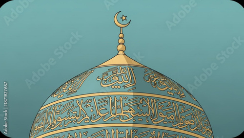 A vector graphic illustration of a mosque dome with Arabic calligraphy and a crescent moon finial