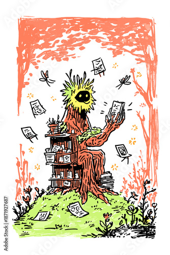 Whimsical Forest Character Surrounded by Friendly Spirits