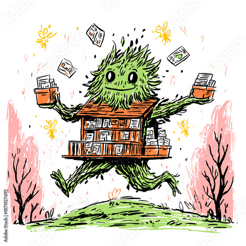 Whimsical Forest Character Surrounded by Friendly Spirits