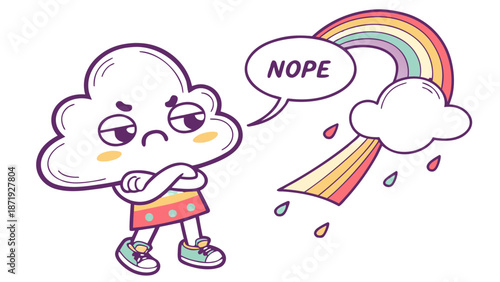 Grumpy Cloud Character Rejecting Rainbow with Nope Speech Bubble, 