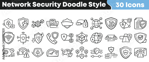 Collection of thirty hand drawn doodle style icons representing various essential concepts of network security and data protection
