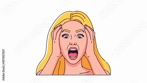 A blonde woman's shocked face with eyes wide and mouth open, hands gripping her head