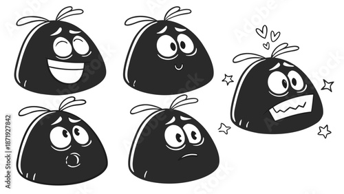 Set of Black Blob Characters with Different Expressions, A collection of cartoon black blob characters, each with a different facial expression and emotion, including happy, sad, angry, and surprised.