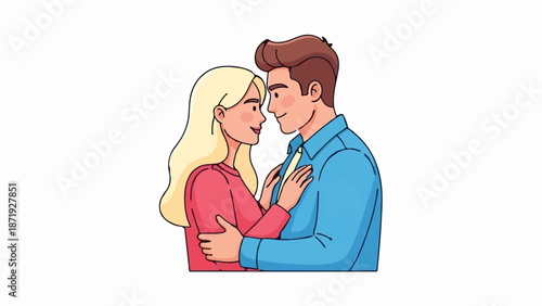 A blonde woman in a red shirt embraces a man in a blue shirt, looking at each other affectionately