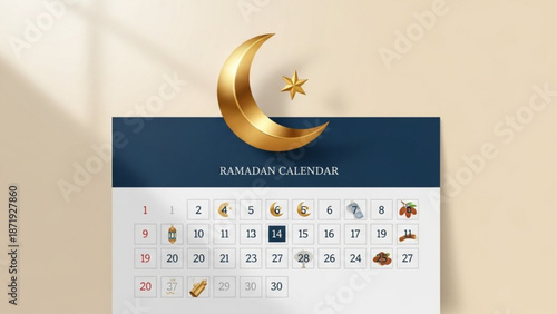 A Ramadan calendar with a gold crescent moon and star on a beige background