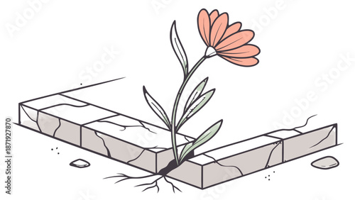 Flower Growing Through Cracked Pavement Vector Illustration,  Single flower with leaves pushing its way through a large crack in a concrete pavement, symbolizing resilience and hope