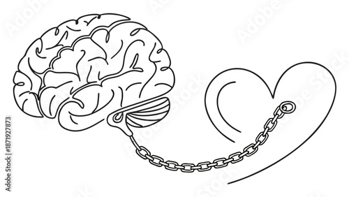 Brain Chained to a Heart Line Art Vector Illustration,  Human brain and a heart connected by a heavy chain, symbolizing the connection or conflict between mind and emotion