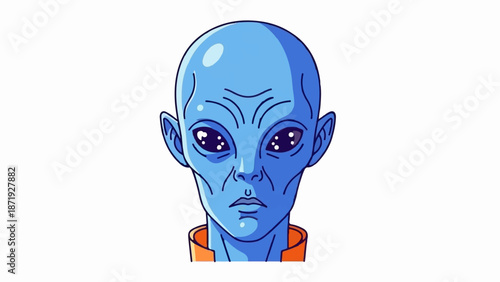 A blue alien with large, dark eyes and an orange collar