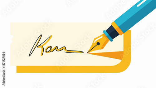 A blue and gold fountain pen writes a signature on a cream-colored document