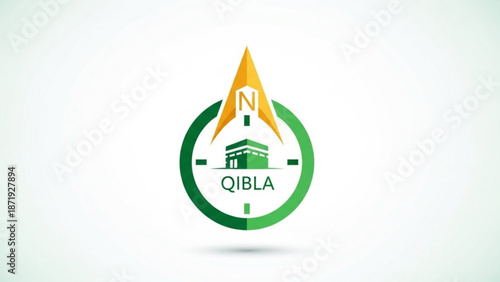 A green and yellow Qibla direction compass icon with a mosque silhouette