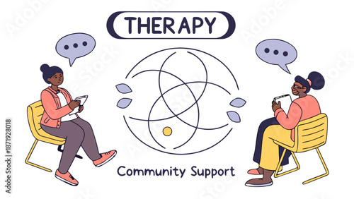 Therapy Session Vector with Community Support Text and Two Women,  sitting in chairs with speech bubbles. A banner reads "THERAPY" and text at the bottom says "Community Support,"