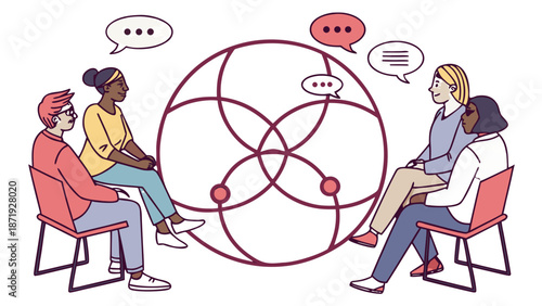 Group Therapy Session Vector: Four People in Support Circle,  They are surrounded by a large central symbol of overlapping circles and speech bubbles, representing connection and discussion.