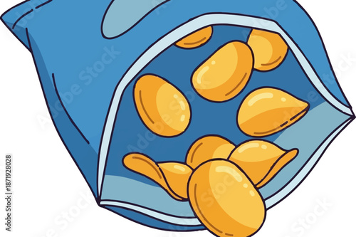 A blue bag spills out golden, oval-shaped chips, some stacked within