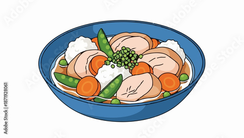 A blue bowl filled with rice, chicken, peas, and carrots