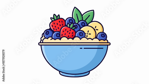 A blue bowl overflowing with oatmeal topped with strawberries, blueberries, banana slices, and green leaves