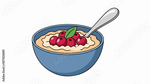 A blue bowl of porridge topped with red berries and a leaf, with a spoon