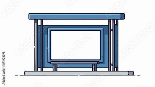 A blue bus stop shelter with a blank white billboard and bench