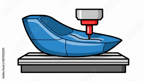 A blue contoured object is being worked on by a red and gray tool on a layered platform