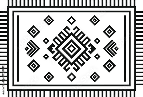 Simple black and white line art illustration of an ethnic geometric patterned rug