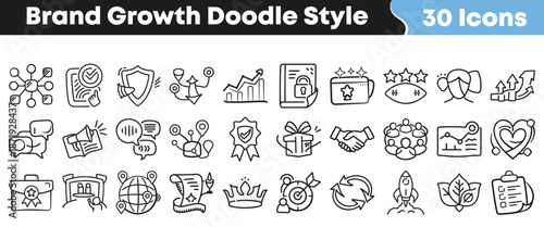 Collection of thirty hand drawn doodle style icons representing various concepts related to successful brand growth and business strategy development.