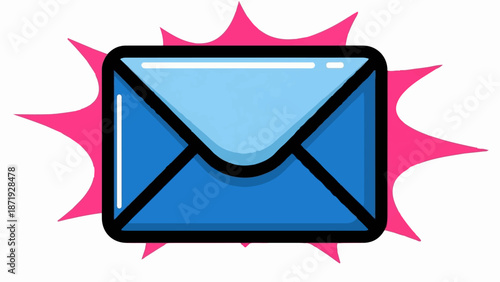 A blue envelope with a light blue flap bursts from a pink starburst
