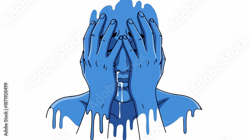A blue figure with hands covering face, with white liquid dripping