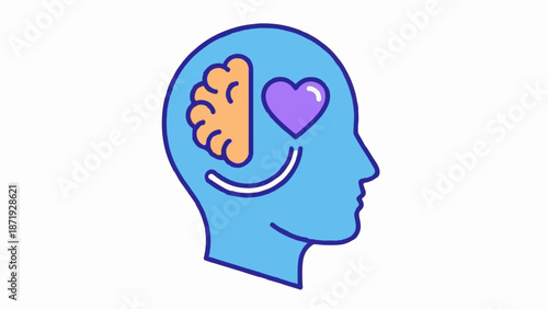 A blue head silhouette reveals a brain, a heart, and a subtle smile, symbolizing balanced thought and emotion
