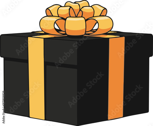 A black present with an orange ribbon and bow