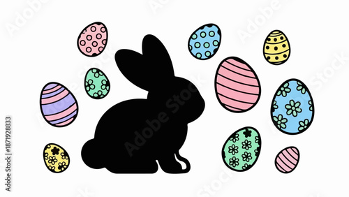 A black silhouette of a rabbit sits among pastel-colored Easter eggs with various decorative patterns