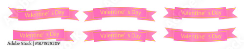 華やかなピンクトーンを基調にした、Valentine’s Dayの英字をあしらった装飾用リボンバナーデザイン素材