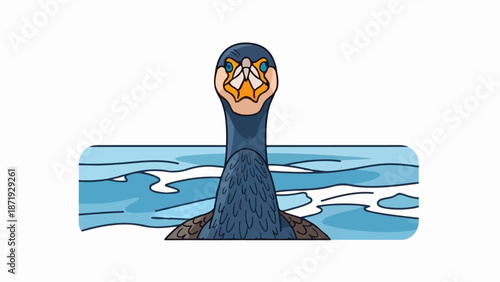 A cartoon bird with dark blue plumage and orange beak emerges from blue water