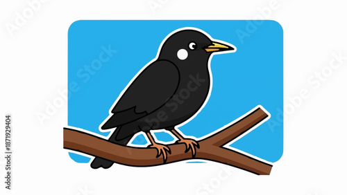 A cartoon black bird with a white spot on its cheek sits on a brown branch against a blue background
