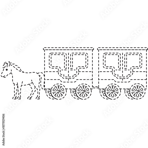 Dotted line horse-drawn wagon icon for western themes, pioneer content, or educational apps with rugged frontier silhouette.