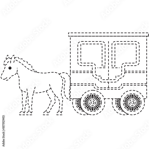 Side-view dotted horse and cart icon for farm apps, rustic branding, or rural lifestyle content with traditional working design.