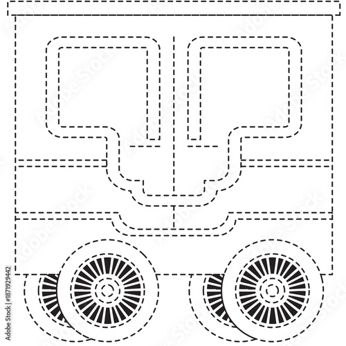 Minimalist dotted train car icon for railway apps, educational content, or travel branding with clean industrial window design.