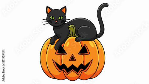 A cartoon black cat sits atop a carved jack-o'-lantern on a white background