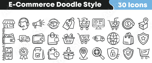 Collection of thirty hand drawn doodle style icons representing various essential elements for modern digital electronic commerce transactions and services