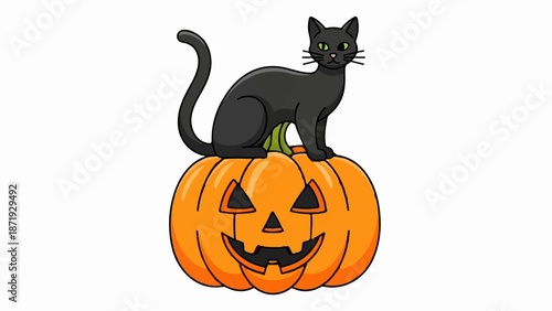 A cartoon black cat sits atop a carved, smiling jack-o'-lantern with a white background
